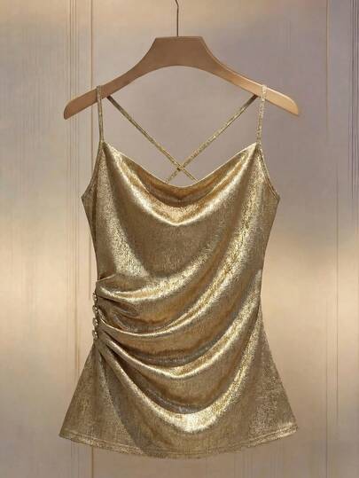 Franclia Elegant Commuter Versatile Tank Top With Side Waist Pleats And Decorative Buckles Metal-Woven Fabric Spring/Summer Women's Elegant Strapless Tank Top Women's Tank Top Summer Tops Spring Top Party Top Going Out Top Elegant Women's Tops Casual Tops For Women Vacation Top Holiday Top