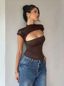 Siren Gaze Áo kiểu nữ màu trơn phối ren, thích hợp cho mùa hè. - Cà phê nâu - Xem 7