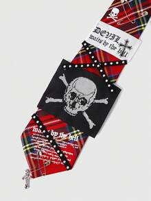 ROMWE Grunge Punk 1条黑色Y2K朋克风铆钉拉链金属骷髅头字母印花男女通用领带，哥特暗黑系配饰，独特个性化装饰 - 紅色 - 查看 5