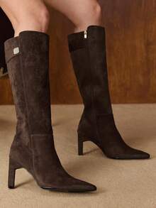 MOTF PREMIUM LADIES FASHION SOLID COLOR RHINESTONE DECORATED POINTED TOE KNEE-HIGH BOOTS, FOR NEW YEAR HOLIDAY VALENTINE'S DAY - Coffee Brown - View 1