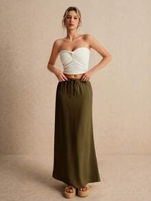 Poéselle Women's Skirt, Floor Length Maxi Skirt, Tie At Waist, Cute Skirt, Low Waist Skirt - Army Green - View 3
