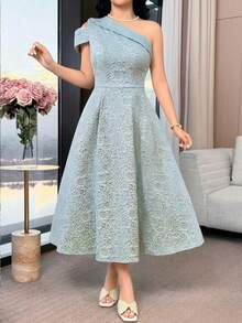 Modelyn 新款不对称肩部收腰A字优雅轻盈连衣裙 - 綠色 - 查看 3