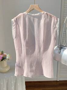 Comfortcana 粉色半透明蕾丝V领格子印花休闲无袖上衣 - 粉色 - 查看 2