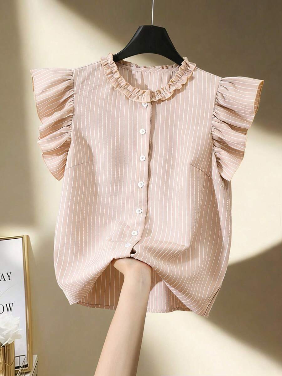 Franclia Áo kiểu nữ mới, họa tiết kẻ sọc, tay loe, cổ tròn, viền bèo nhún, phong cách thanh lịch thường ngày, mùa xuân/hè. - Màu Khaki - Xem 1