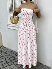 MainGRL Đầm maxi cúp ngực họa tiết chấm bi đỏ, xếp ly, thích hợp cho kỳ nghỉ, thời trang mùa xuân, trang phục dự đám cưới, tiệc sinh nhật, trang phục ngoài trời. - Nhiều màu - Xem 4