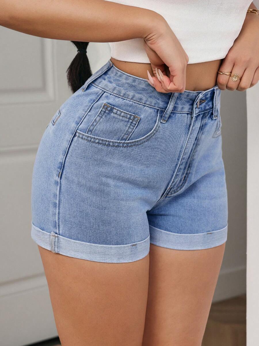 SHEIN PETITE Women's Casual Everyday Pocketed Button Denim Shorts - Blue - View 1