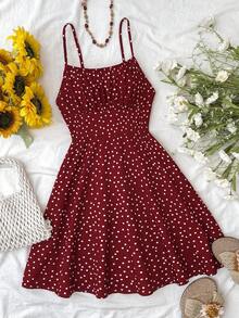SHEIN 少女红色波点印花露背吊带A字迷你连衣裙，适合春夏、秋冬叠穿、派对、海滩度假 - 紅色 - 查看 1