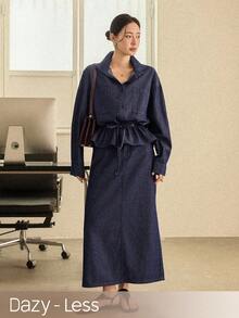 Dazy-Less Spring/Summer Loose Casual Raw Denim Shirt And Straight Skirt Old Money Ladies Denim Set - Blue - View 1