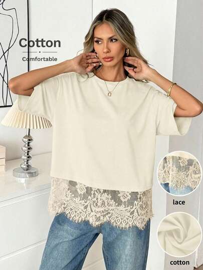 Easowa Black Short Sleeve Round Neck Lace Hem Loose T-Shirt For Women Cotton Tops Lace Trim Top Summer Tops Women Lace Tops For Women