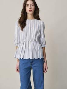 Nöista Striped Blouse Features A Round Neckline, Puffed Sleeves With Elastic Cuffs, And A Adjust Waist With A Peplum Hem. Women Set, Spring, Summer Outfit For Women, Valentine's Day Look, Casual Outfit, Vacation Outfits. - Blue - View 4