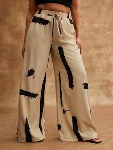 Vixey Printed Woven Drawstring Waistband Wide Leg Vacation Pants - Brown - View 2