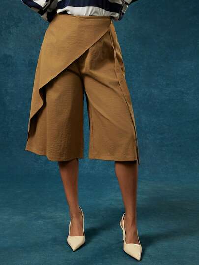 Vixey Khaki Asymmetrical Wrap Panel Bermuda Shorts