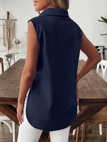 SHEIN LUNE Women's Elegant Casual Western Country Style Solid Black Mandarin Collar Short Sleeve Long Flared Hem Blouse - Royal Blue - View 2