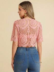 Amorya 女士优雅蕾丝短袖宽松衬衫，适合婚礼、约会、春夏穿着，黑色 - 粉色 - 查看 2