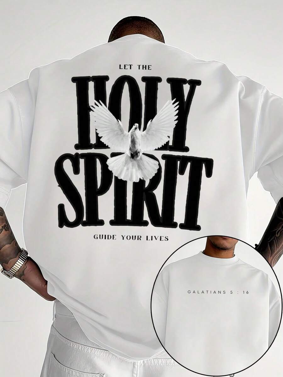 Manfinity Dauomo 男士夏季休闲短袖T恤，圆领，字母和老鹰印花图案T恤，街头风男士T恤，印花T恤，男士图案服装，男士T恤图案 - 白色 - 查看 1