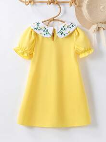 Souflis Souflis 夏季女童田园风彼得潘领蝴蝶结刺绣泡泡袖连衣裙，4-7岁，休闲时尚 - 黃色 - 查看 2