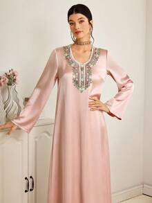 Al Najma Women's V-Neck Turkish Maxi Dress, Traditional Arabic Long Robe - Apricot - View 5