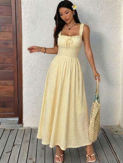 SHEIN EZwear Pale Yellow Sleeveless Cami Long Dress For Women Casual Style Ruched Bust Flared Hem Plain Knitted Fabric