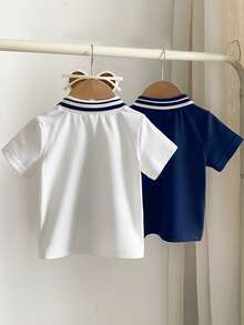 Souflis Souflis 2pcs/Set Summer Casual Solid Color Embroidered Polo Collar Baby Boy Tops Set - Multicolor - View 2