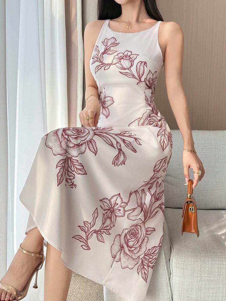 Women's Elegant Floral Print Round Neck Sleeveless Mid-Length Dress, Summer Wedding Guest Dress Sundress Cocktail Dress