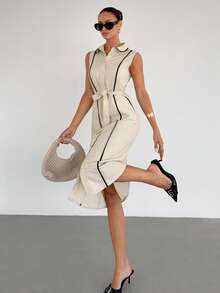 Siren Gaze 女士休闲无袖中长连衣裙，撞色滚边，夏季 - 杏色 - 查看 1