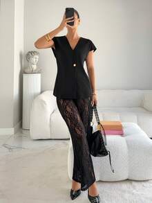 Siren Gaze 两件套女士夏季休闲纯色单扣上衣和蕾丝裤套装 - 黑色 - 查看 3