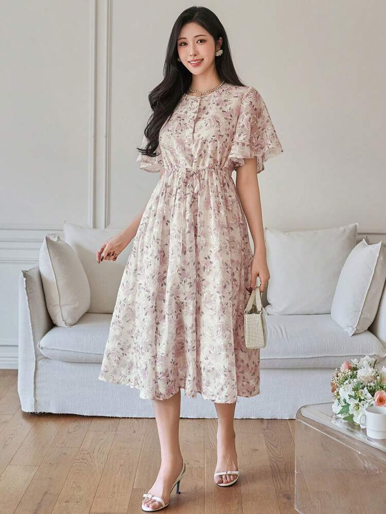 Women's Elegant Floral Print Stand Collar Drawstring Midi Dress, Summer,Wedding Guest Dress Women Sundress