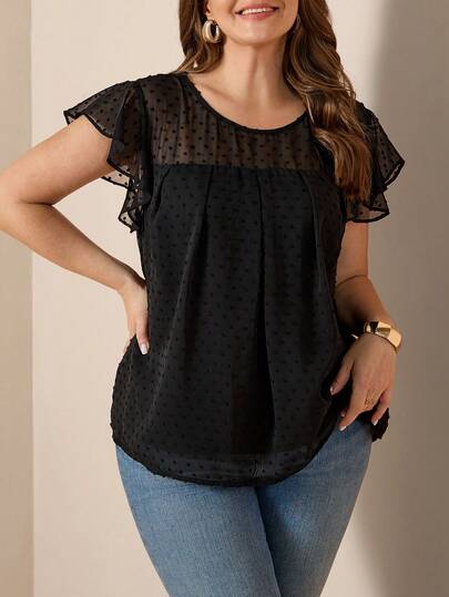 Comfylo Plus Size Flowy Ruffle Trim Sheer Cutout Blouse Carnival Outfit Party Luxury Black Valentine's Day Plus Size Black Tops Tops For Women Plus Plus Size Casual Tops Plus Size Women Clothes Blouse Plus Size Sheer Top