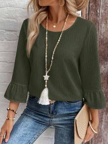 EMERY ROSE Damblus med rund hals och volang, lös textur, enfärgad - Grön - Visa 6