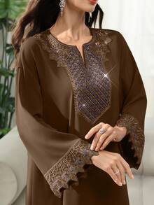 SHEIN Najma Elegantes Kleid mit V-Ausschnitt, Glockenärmeln und Perlendekor mit Blumenmuster, Frühling/Sommer - Kaffeebraun - Übersicht 7