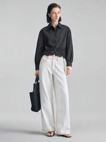 Ontre 女士黑色休闲衬衫领镂空落肩上衣，常规长度，纯色梭织面料，袖长至手腕。 - 黑色 - 查看 7