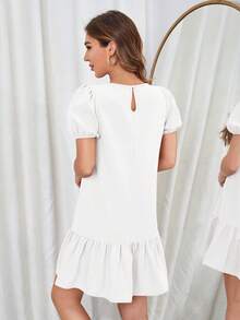 Coeurva 女士休闲日常通勤简约纯色泡泡袖荷叶边连衣裙，夏季 - 白色 - 查看 7