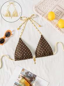 Swim Mod Women's Summer New Polka Dot Print Reversible Sexy Halter Bikini Top, Paired With Chic Metal Coconut Tree Pendant Swimsuit Top - Multicolor - View 8