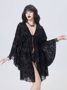 ROMWE Goth Women's Summer Vacation Sheer Loose Bat Print Kimono Cover Up - Black - View 1