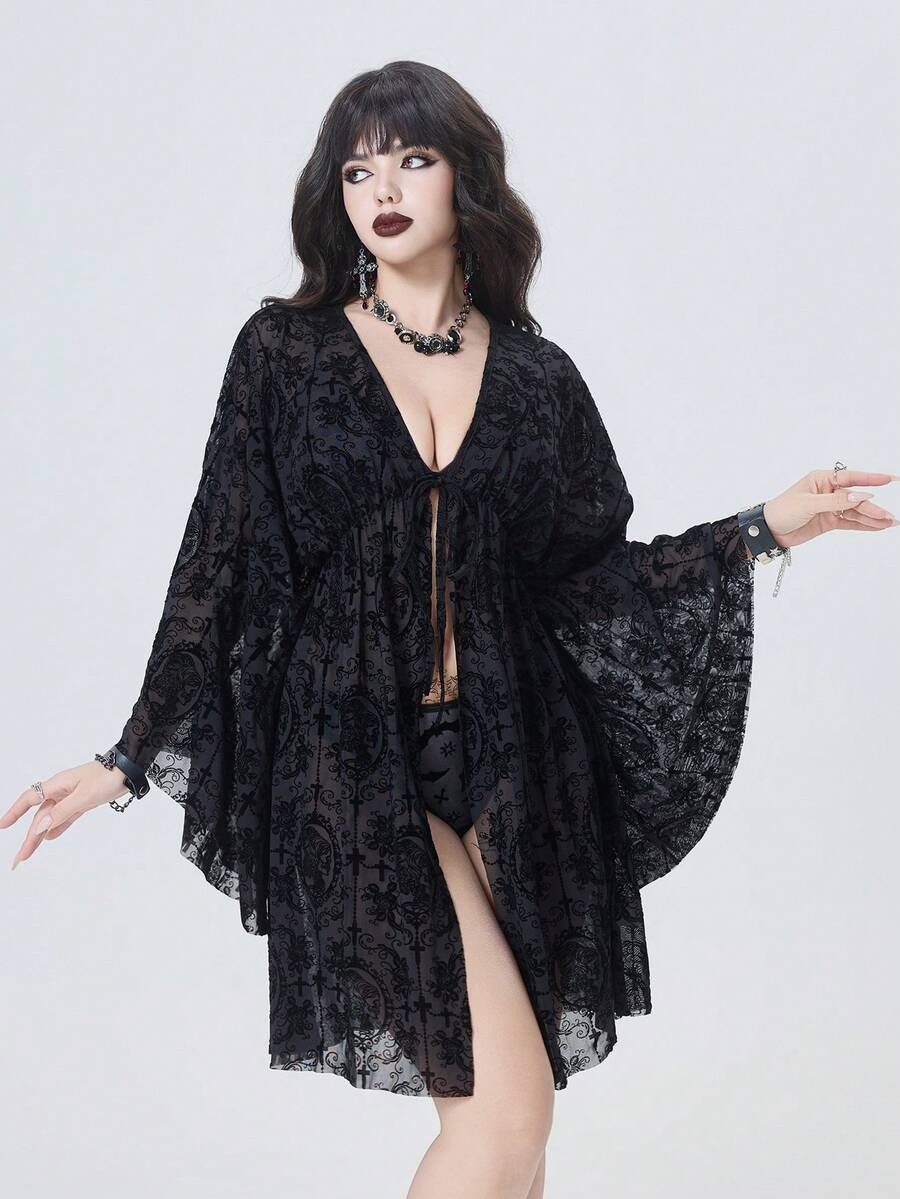 ROMWE Goth Women's Summer Vacation Sheer Loose Bat Print Kimono Cover Up - Black - View 1