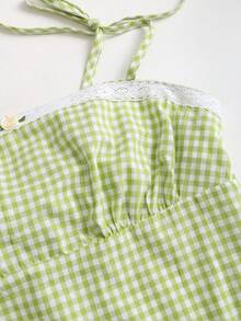 Sweetra 春夏女士花卉格纹印花吊带背心和荷叶边迷你裙两件套，休闲浪漫度假装 - 綠色 - 查看 6