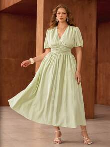 Roveilla Plus Size Women's New Spring Dress, Summer Ladies Clothing Textured Dress, Flared Hem Dress, Birthday Dress, Vacation Bohemian Style Elegant Wedding Guest Romantic Dress Summer Elegant Dress Smocked Women Dress Light Green Dress Women Elegant Summer Dress Women Casual Dresses Women Dresses Elegant Classic Picnic Dresses For Women Women's Dress Resort Wear Women Vacation Dress Summer Elegant Dresses For Women Long Casual Dresses For Woman - Light Yellow - View 4