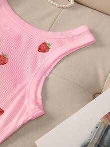 SuriyaCove Strawberry Embroidered Women's Round Neck Camisole - Pink - View 5