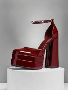 SHUZIA Women Glamorous Sexy Ankle Strap Double Platform Heel Pumps - Burgundy - View 4