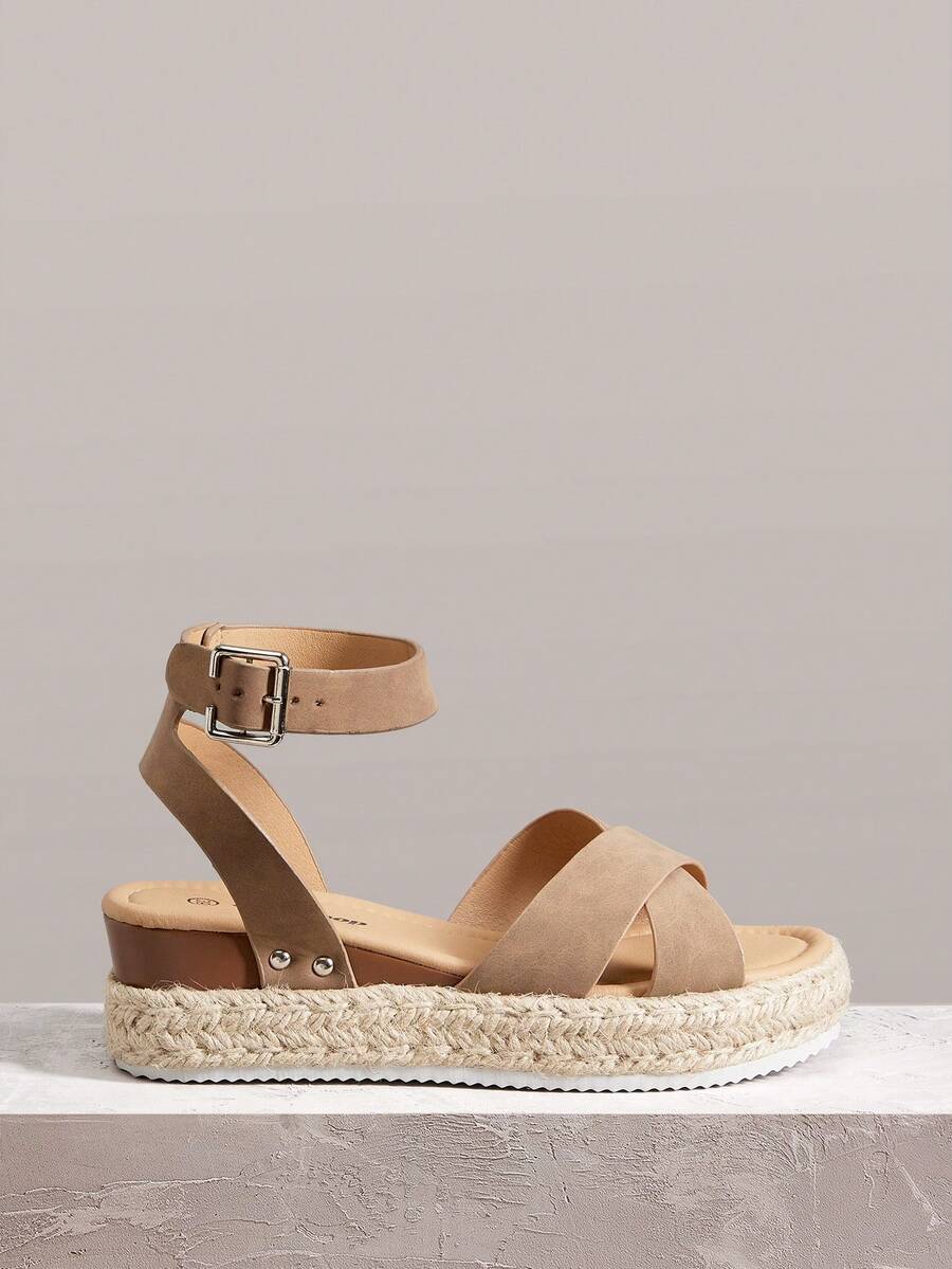 Styleloop New Cross-Strap Sandals Women's Thick-Soled Wedges Summer Open-Toed Hemp Rope Straw Waterproof Table Roman Shoes, Outside Wear, Beach, Vacation, Women's Khaki - Khaki - View 1