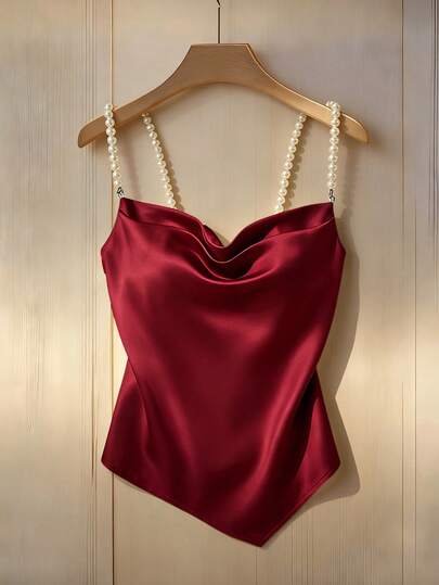 Franclia Top de satén brillante y asimétrico con decoración de perlas, elegante y versátil para uso diario, para primavera/otoño