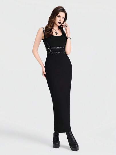 Breakform Women's Gothic Elegant Square Neck Bodycon Dress With Back Slit