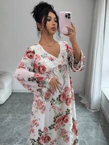 Yasmyna Vestido maxi de gasa holgado con estampado floral de cuentas y rhinestones, estilo árabe romántico para vacaciones - Multicolor - Ver 7