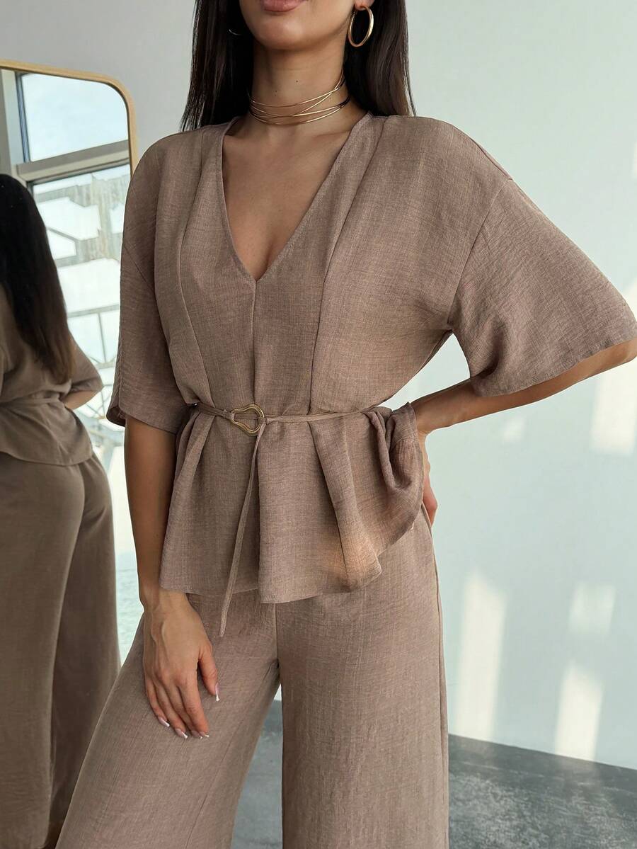 Aloruh Women's Fashion Drop Shoulder V-Neck Blouse & Pants 2 Pieces Set - Khaki - View 1