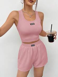 SHEIN EZwear 女款粉色針織無袖休閒運動背心套裝，夏季兩件式短褲套裝，舒適羅紋短褲套裝 - 粉色 - View 5