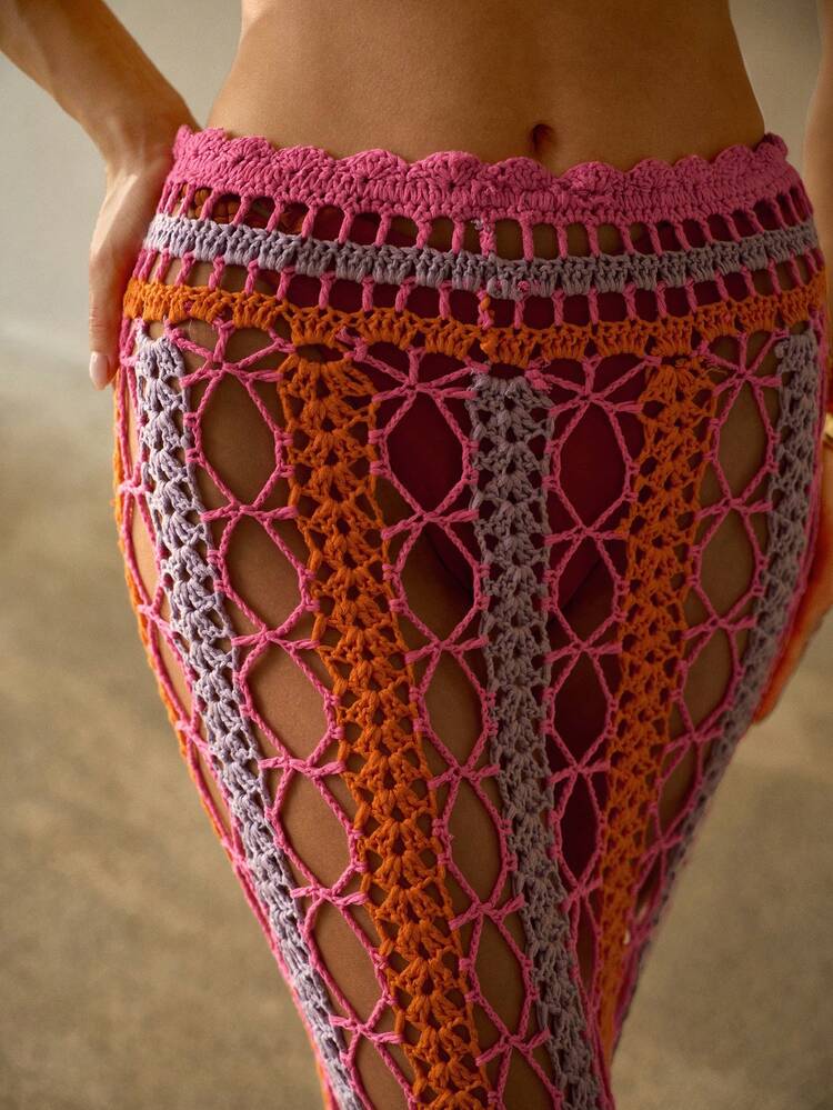 HANDMADE CROCHET HOLLOW OUT LONG SWIMSUIT COVER UP & SKIRT, LIGHTWEIGHT FOR VACATION