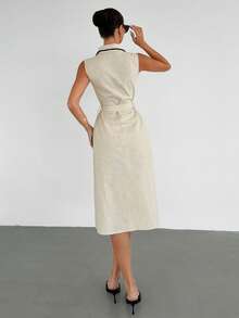 Siren Gaze 女士休闲无袖中长连衣裙，撞色滚边，夏季 - 杏色 - 查看 2