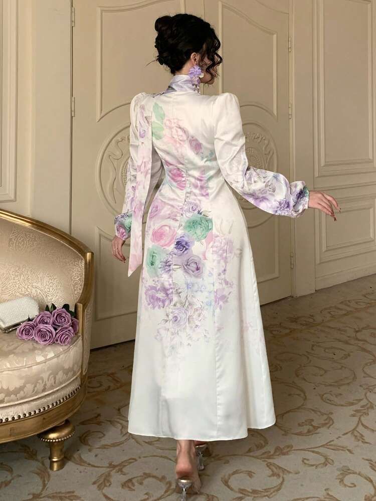 Women's Elegant Floral Print Stand Collar Puff Sleeve Belted Midi Dress, Spring/Summer Wedding Guest Dress Sundress
