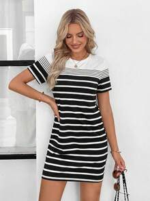 EMERY ROSE 条纹印花撞色圆领休闲百搭短袖连衣裙 - 白色 - 查看 5