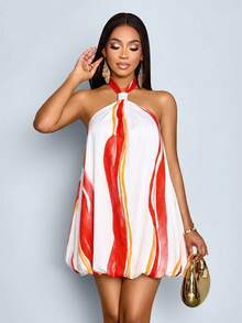 SOLERSUN Sexy And Elegant Commuter Casual Women's Bubble Hem Style Mini Dress Spring/Summer Women's Clothing Beach Vacation - Red and White - View 5